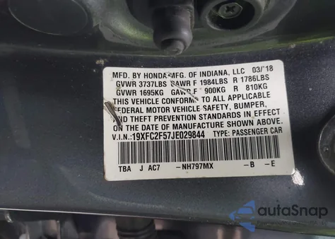 2018 Honda Civic Lx z USA, uszkodzony, nr VIN 19XFC2F57JE029844